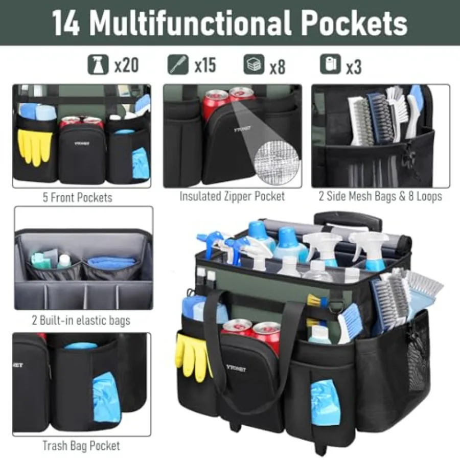 Cleaning Caddy with Wheels, Extra Large Rolling Cleaning Caddy Bag with Detachable Trolley for Housekeepers, Water Resistant Cl
