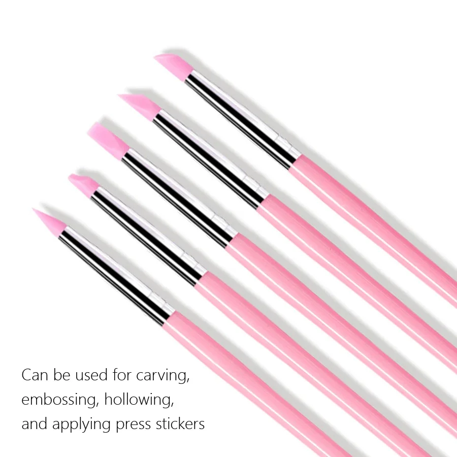 5Pcs/Set Pink Silicone Nail Art Brushes 5 Kinds Heads Craving/Embossing Flower Nail Pen DIY Dotting Gel Shaping Manicure Tools