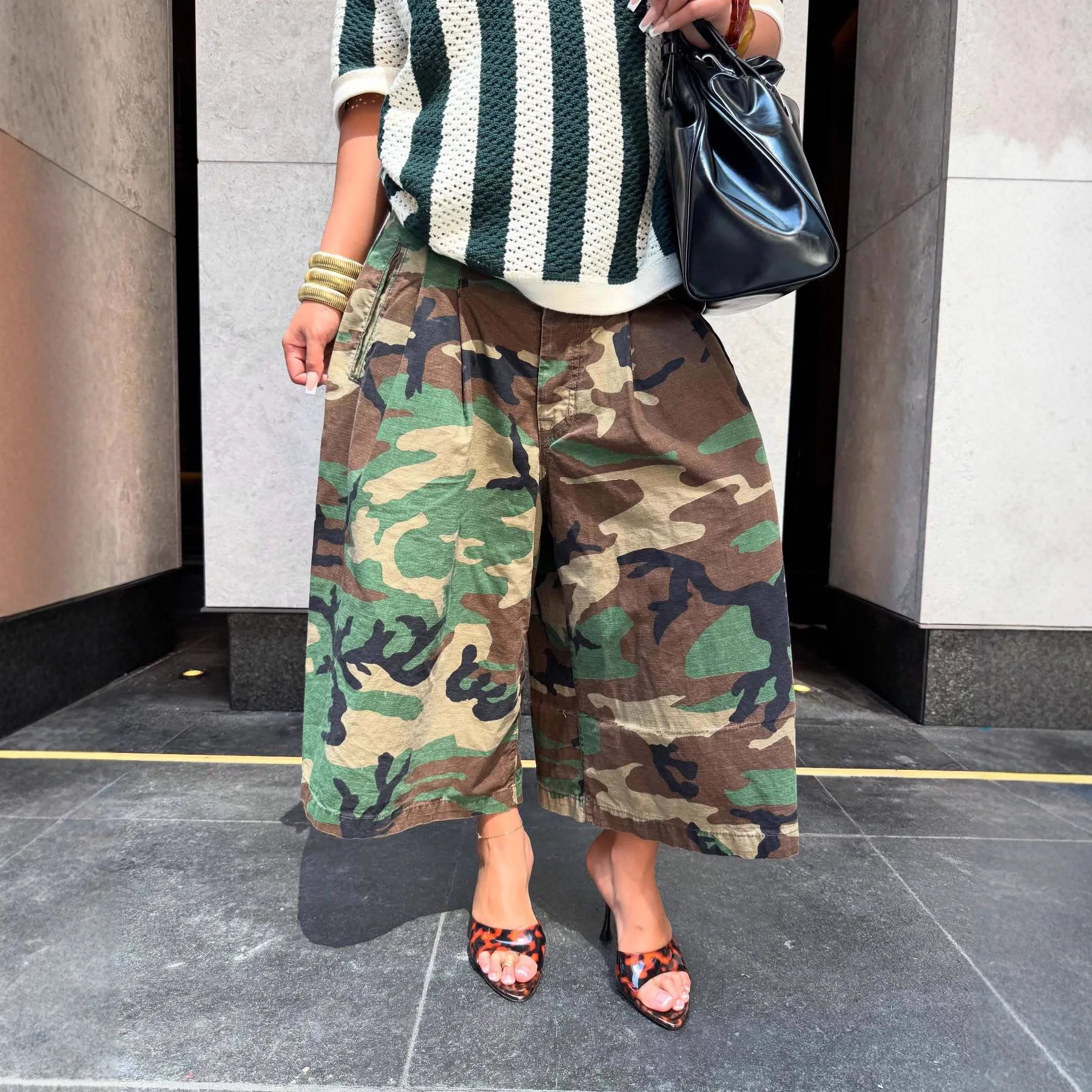 

Camouflage Women's Wide Leg Pants Loose Casual High Waist Vintage Pockets Cropped Pants 2025 Fashion Streetwear Capris