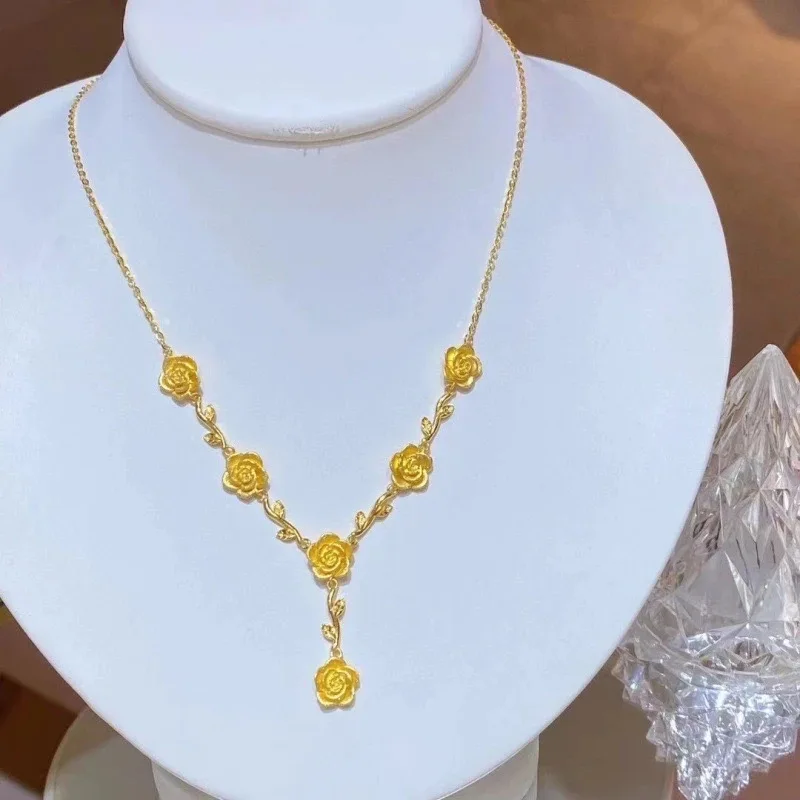 

Real Kt18 Gold Color Rose Necklace Bracelet for Women Bride Female Versatile Retro Elegant Flower Pendant Set Fine Jewelry Gifts