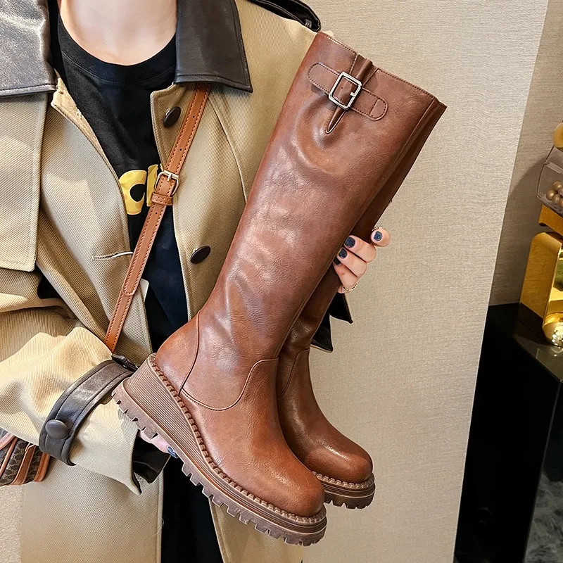 Birkuir Wedges Women Long Boots Genuine Leather Buckle Side Zip Winter Plush Snow Boots Luxury Thick Heel Causal Boots 41 42 43