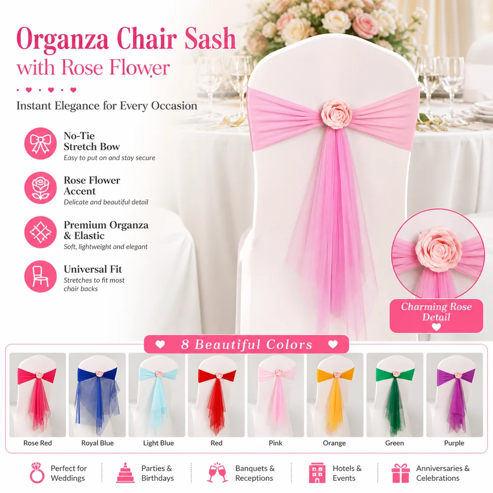 Bows Chair Back Bow Decorative Belt Rose Flower Elastic Band Satin Chair Sashes Ready Made Ties Fastening Chair Bandage