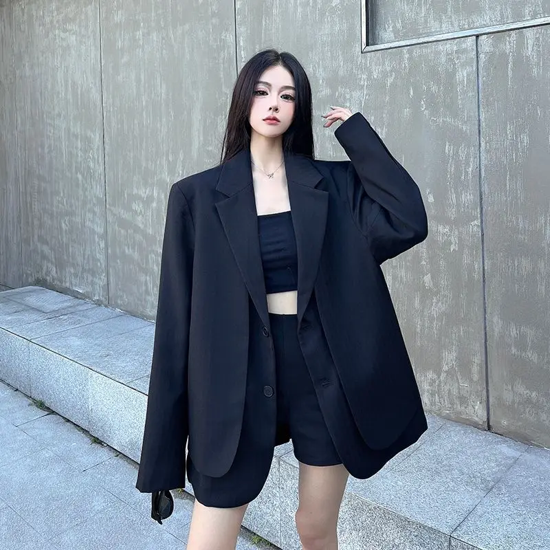 Women Gray Fake Two Pieces Big Size Blazer New Lapel Long Sleeve Shoulder Pad Jacket Fashion Spring Autumn 2025