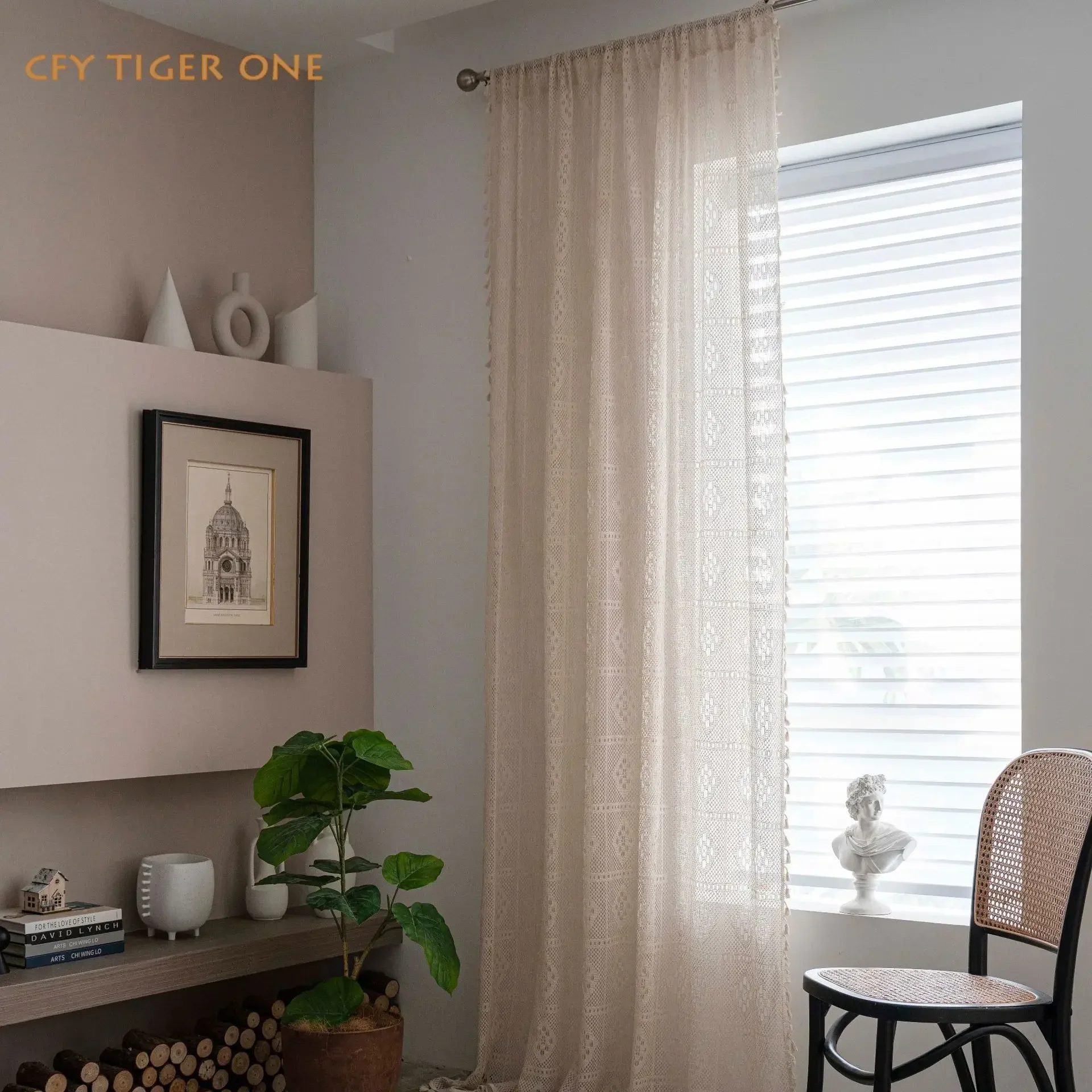 

American Crochet Plaid Window Curtains for Bedroom Kitchen Curtains with Tassel Country Style Living Room Semi-shading Curtains