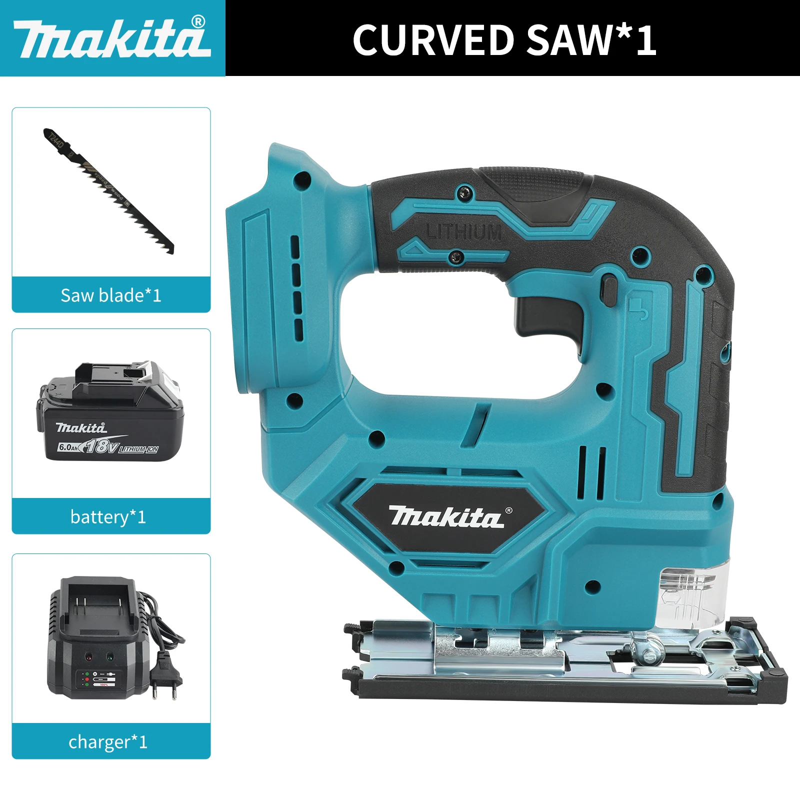 Makita DJV182 draadloze decoupeerzaag: 18V,300W,0-2700rpm,80mm slag,±45 °   Snijhoek, voor snijwerkzaamheden van hout/kunststof/metaal