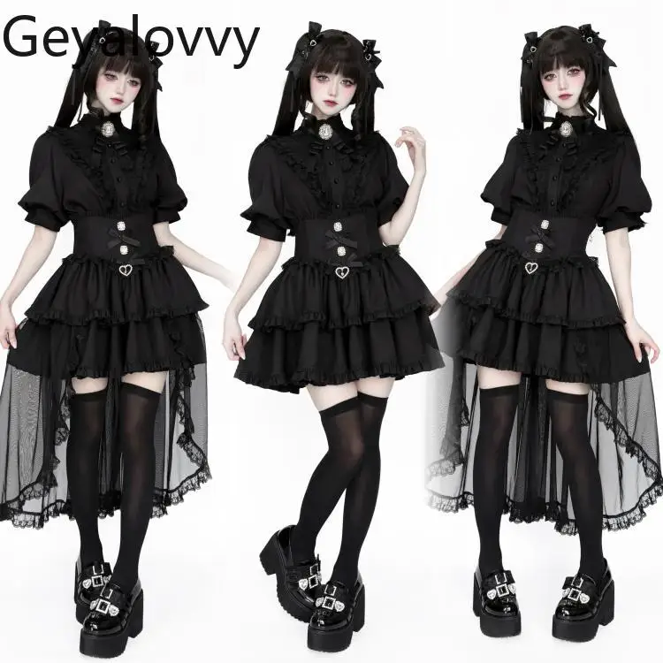 

Original Japanese Style Gothic Lace Trim Tops Stand Collar Short Sleeve Shirt High Waist Short Skirt Fishbone Tail Set