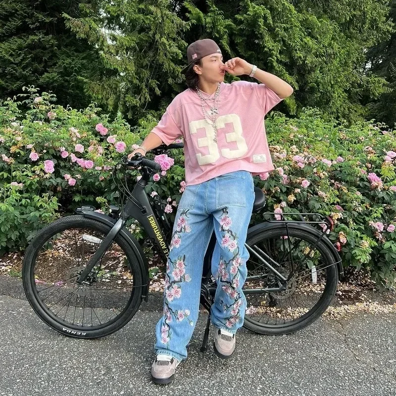 

Harajuku cherry blossom print pattern jeans Hip Hop Y2K pants men Baggy streetwear men women gothic Casual wide leg Denim Pants