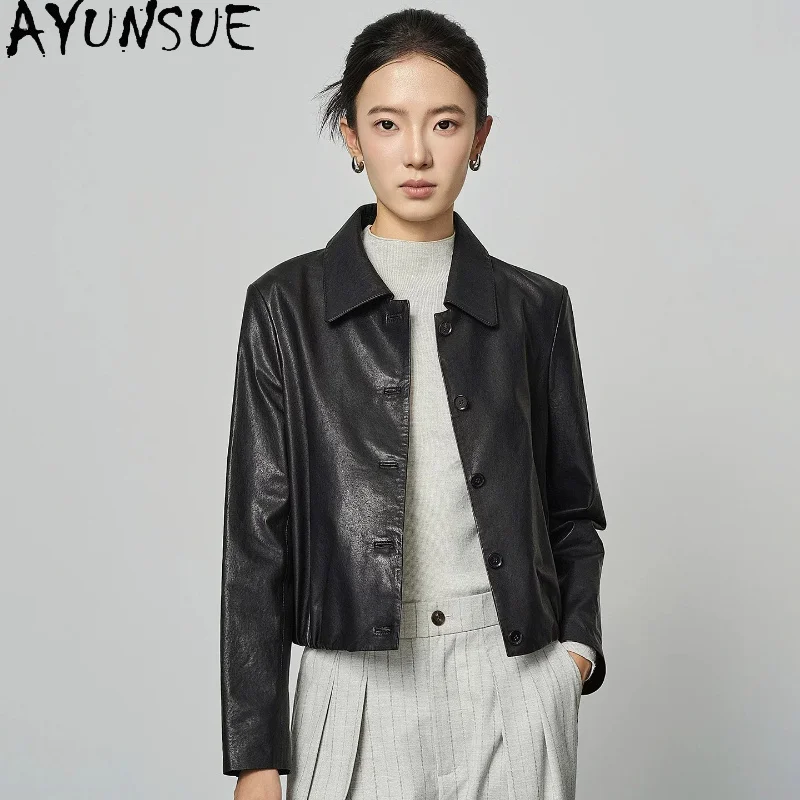 AYUNSUE Real Leather Jackets for Woman 2026 Short Vegetable-tanned Sheepskin Commute Outerwear Luxury Black Jacket Woman Clothes