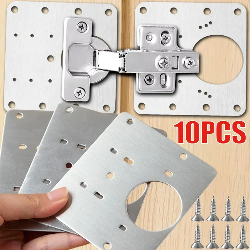 Placa de reparación de bisagra de puerta de gabinete de acero inoxidable, Kit de placa de montaje de bisagras de puerta de gabinete con tornillo, herramientas de Hardware para muebles