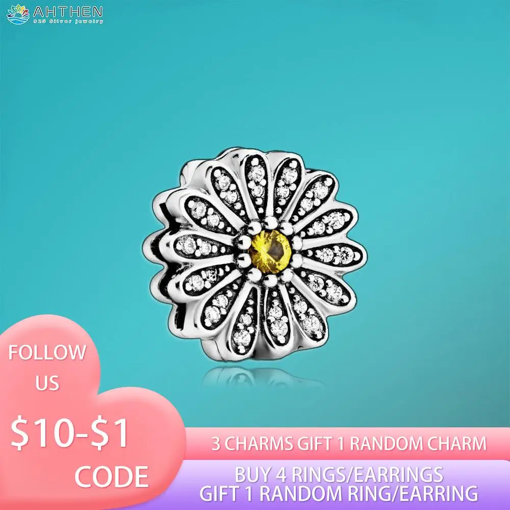 

Ahthen 925 Sterling Silver Beads Sparkling Daisy Flower Clip Charm fit Original Pandora Bracelets for Women Jewelry Making Gift