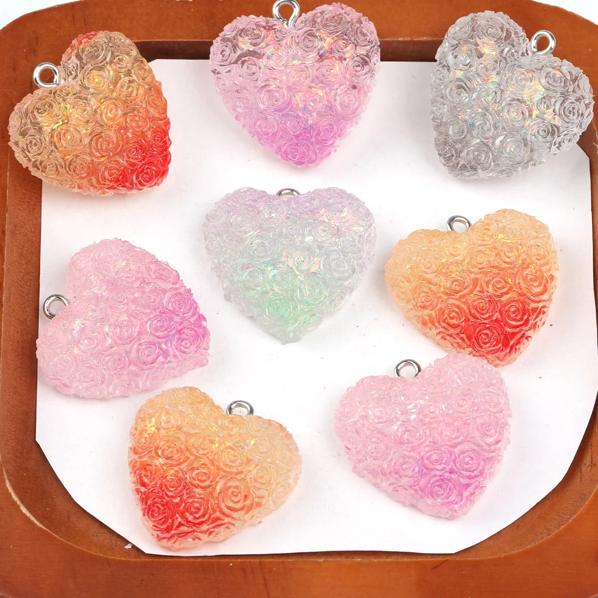 10/15pcs Random Color Rose Embossed Heart Resin Charms 24*25mm Pendants For DIY Bracelet Necklace Hair Accessories Craft Making