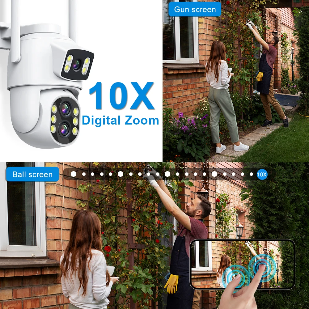 6MP WiFi Camera Outdoor 12MP 10X Zoom Three Lens Dual Screens CCTV Video Cam Auto Tracking Security Protection Surveillance