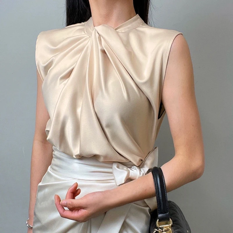 

Summer Sleeveless Satin Silk Shirt Women Blouses Solid Color Folded Fashion OL Office Ladies Work Shirt Black White