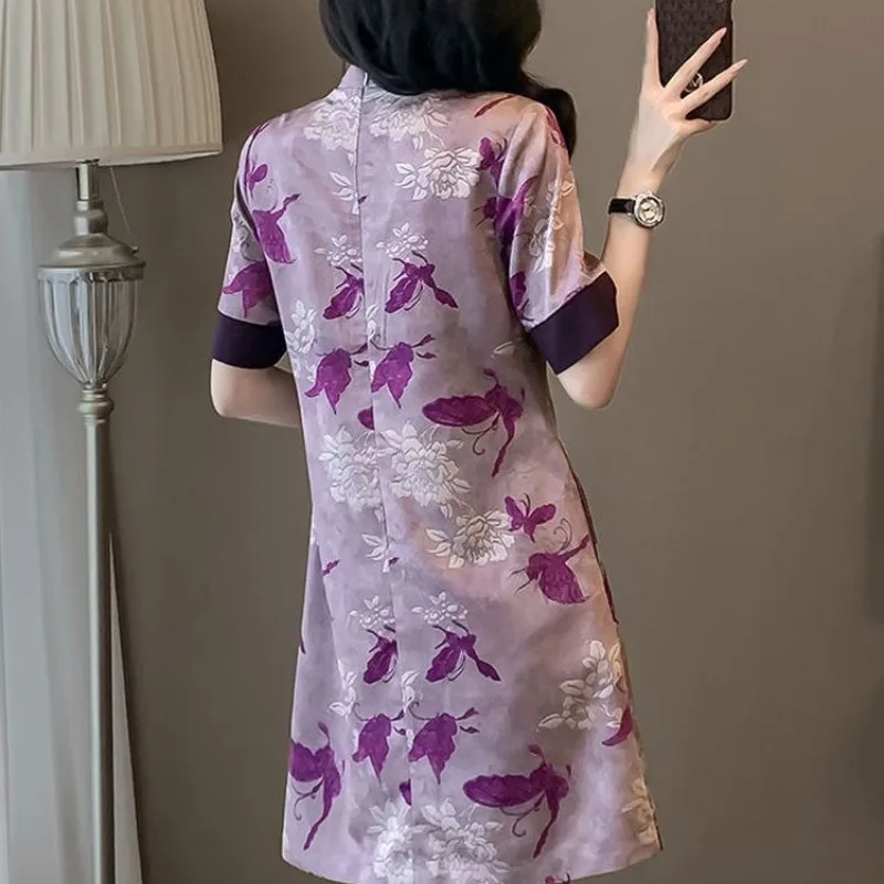 Temperament Chinese Style Summer Stand Up Neck Women\'s Frog Printing Fashion Casual Versatile Short Sleeve Loose Midi Dress