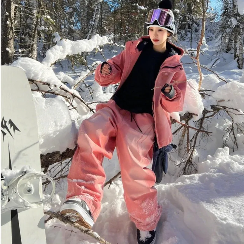 куртка женская демисезон Orange Red Gradient Ski Suit Female Autumn and Winter New Outdoor Windproof Snow Pants Two-Piece Set