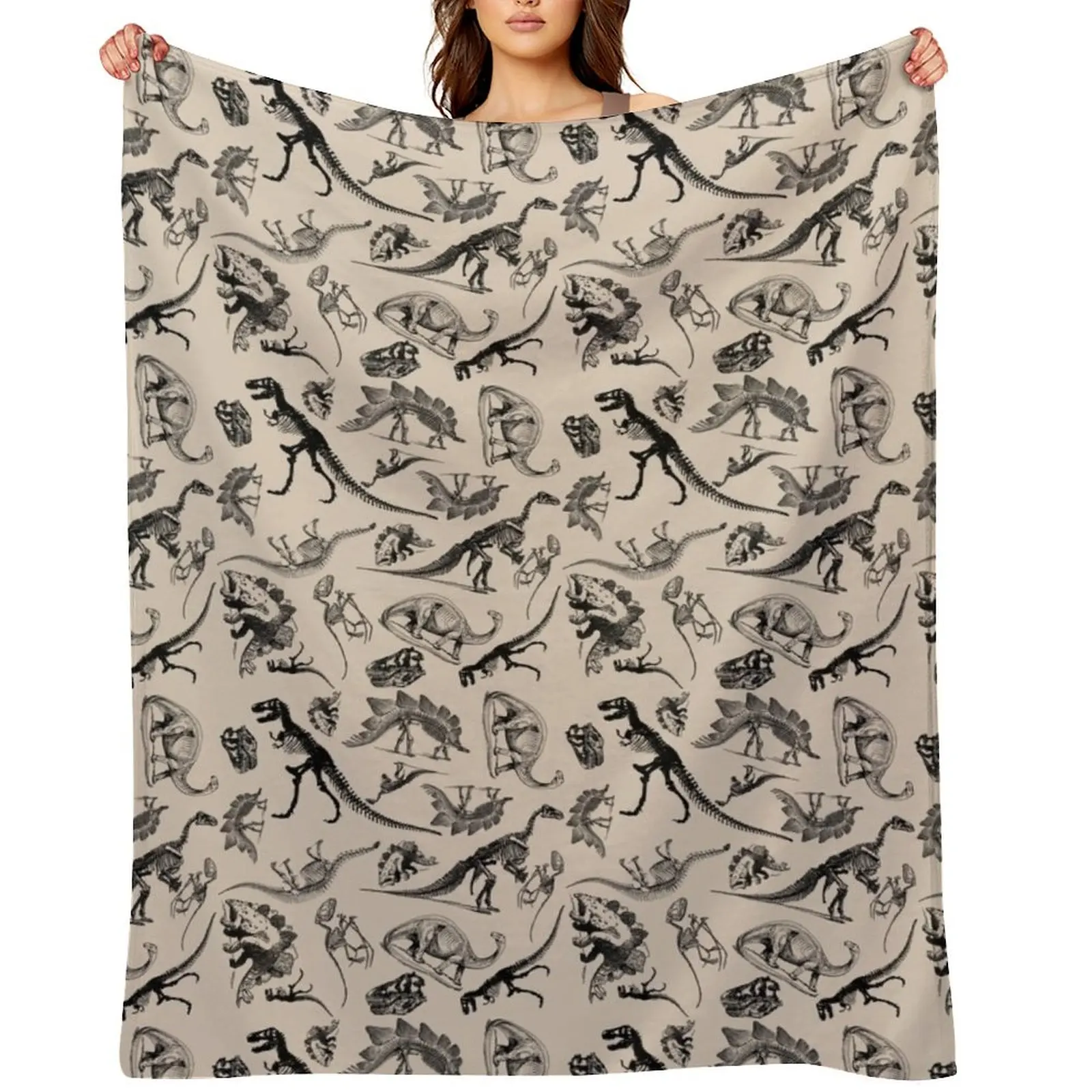 

Vintage Museum Dinosaurs and Skeletons Black and Cream Throw Blanket Cute Moving Decorative Sofas Sofa Throw Blankets