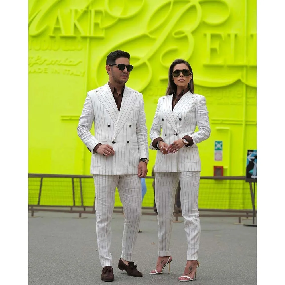 White Stripe Couple Men Suits Double Breasted Peak Lapel Regular Length Tailor Made Male Clothing 2 Piece Jacket Pants Outfits