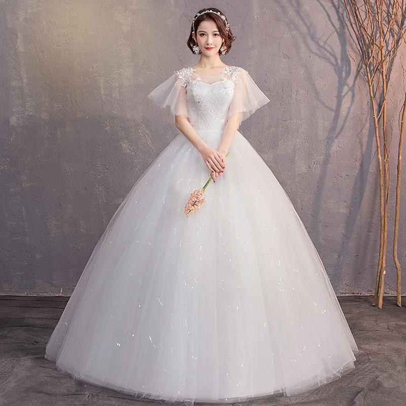 

It's Yiiya White Wedding Dress O-neck Appliques Short Sleeves Lace up Princess Floor-length Plus size Women Bride Gown FH011