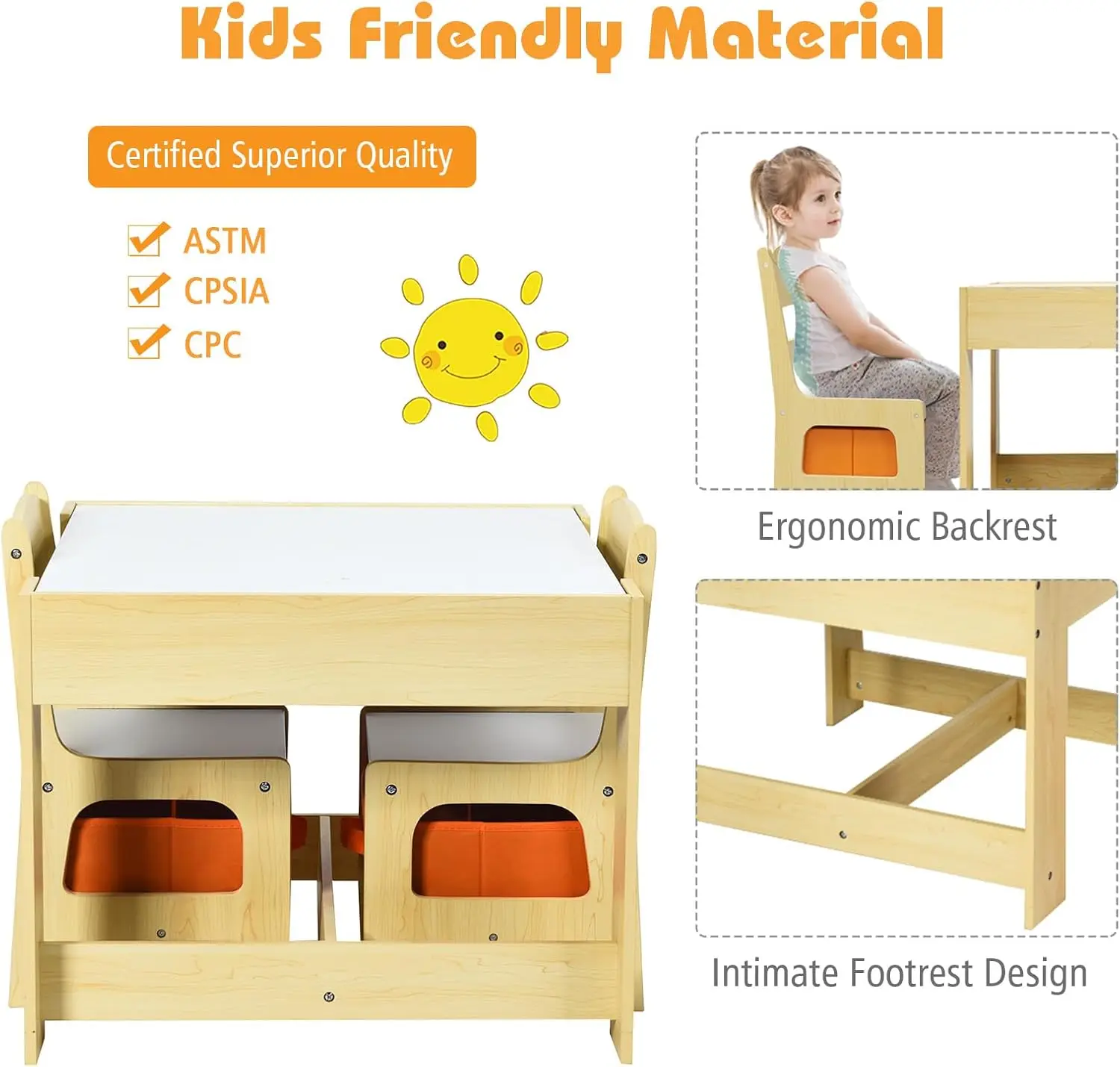 Ensemble de table et chaise en bois pour enfants, table d'activité 3 en 1 avec rangement, poignée amovible, brittop pour enfants, dessin, lecture, art