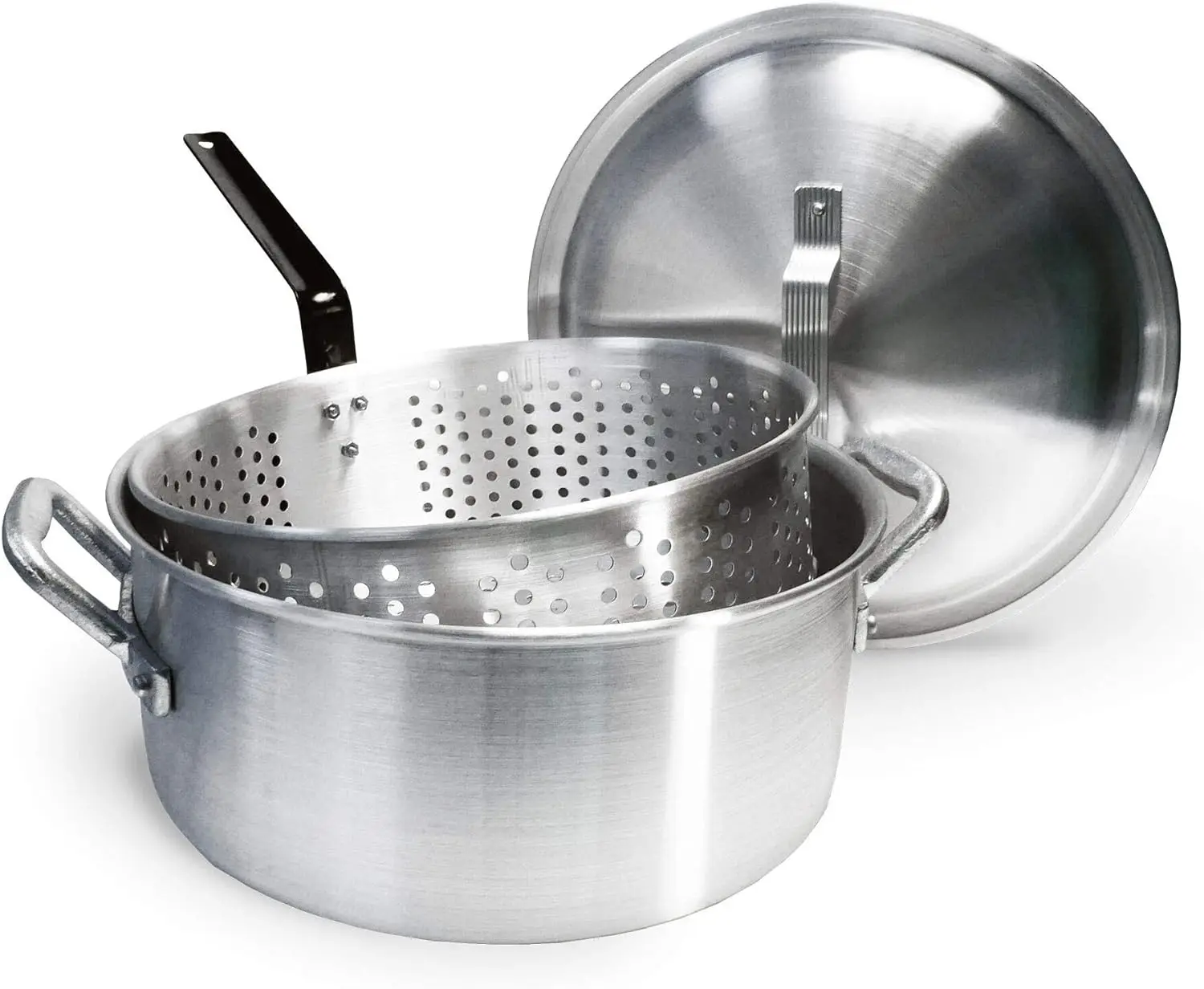 

1350 14-qt Aluminum Fry Pot w/ Lid and Aluminum Perforated Basket Features Heavy-Duty Riveted Handles Domed Lid Perfect For Fry