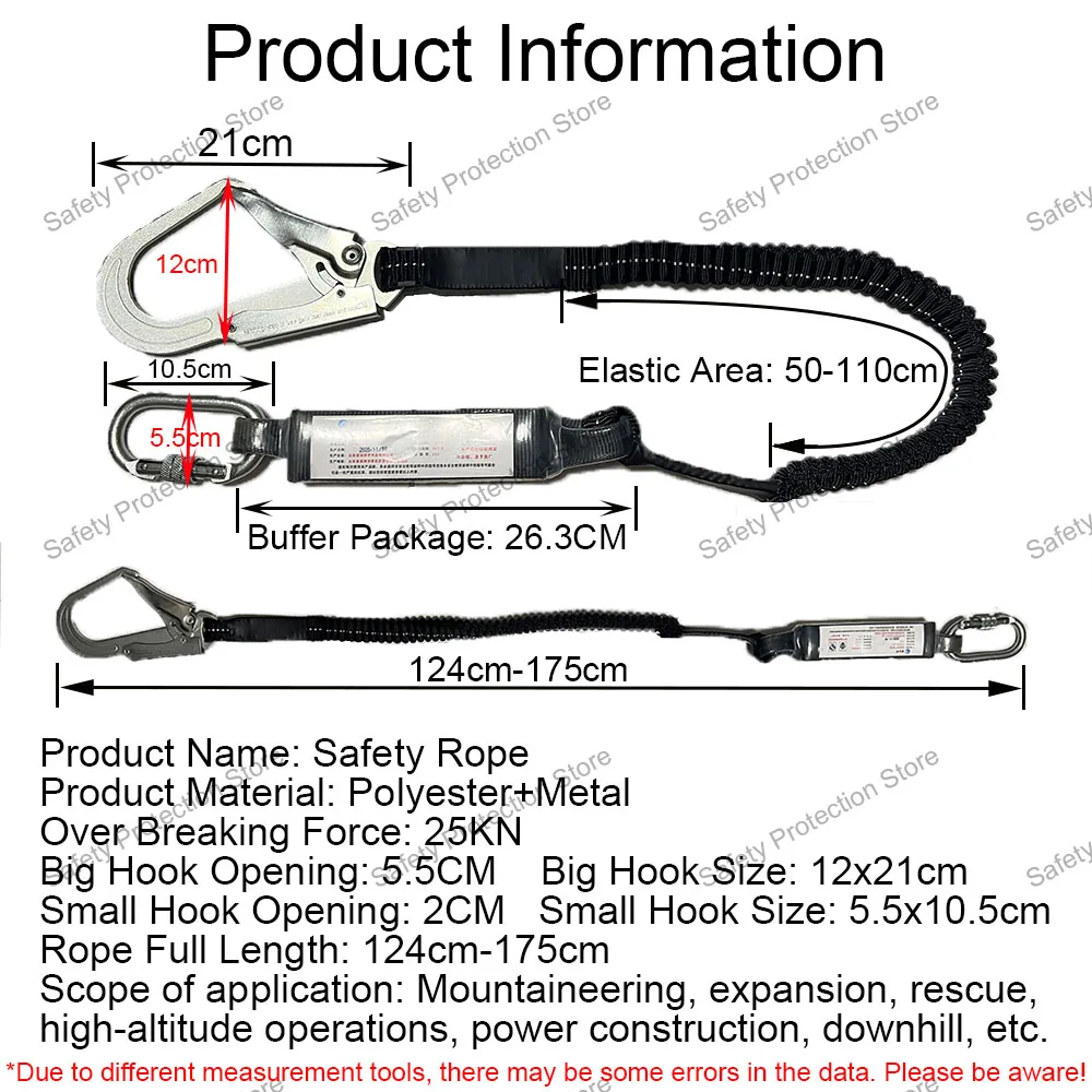 Double Hook High Altitude Work Safety Belt Rope 25KN Electrician Protective Rope with Buffer Bag Anti Fall Elastic Safety Rope
