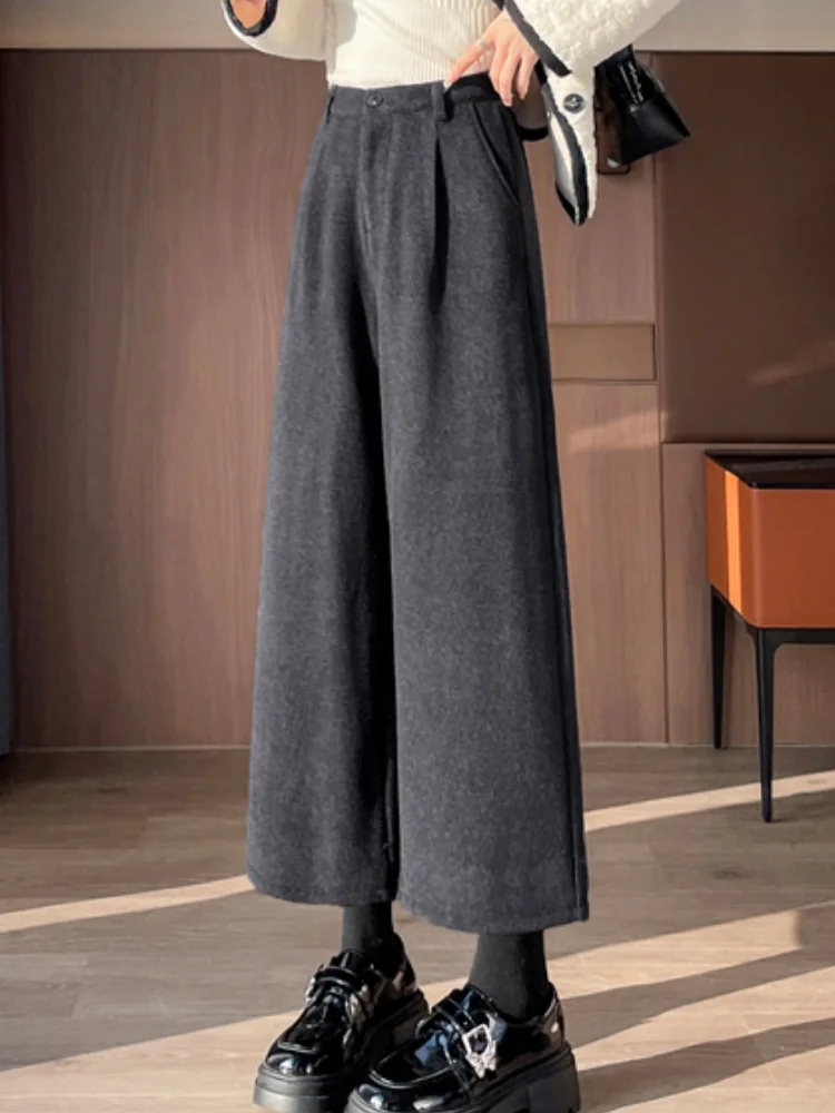 Ay calças de perna reta de lã cintura alta ajuste fino perna larga commute sle versão coreana cor ket detalhe
