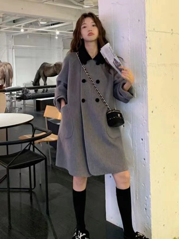 Ladies Thickened Long Woolen Coat Spring Autumn New Style Fashionable Commuter Korean Version Light Maturity Style Small Size