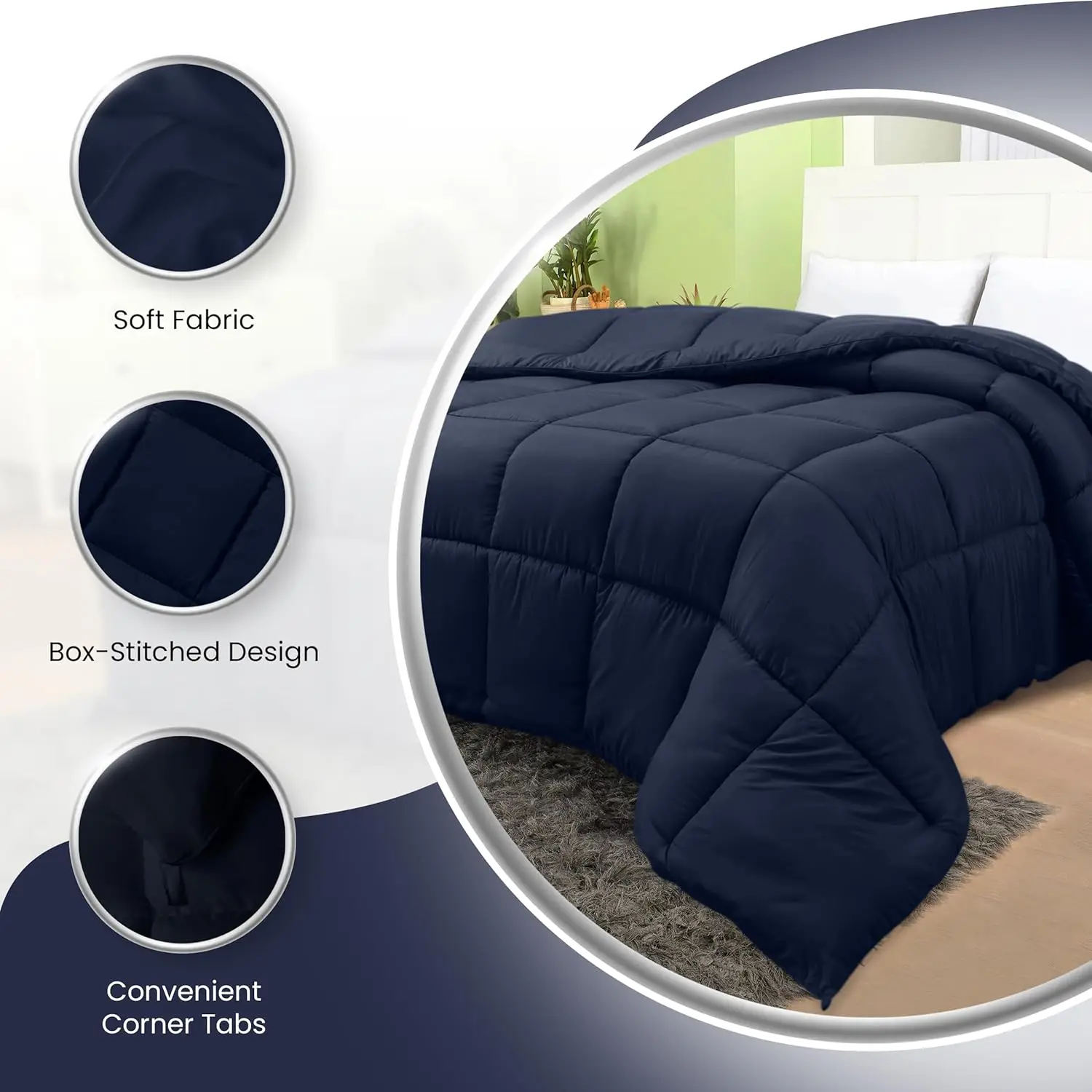 

Queen Size Dark blue Down Alternative Comforter - Lightweight & Breathable Duvet Insert with Corner Tabs (88"x88"), Machine Wash