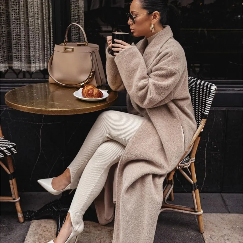 Płaszcz wełniany damski w stylu temperament, modny, jednolity kolor, klapy, długi rękaw, luźny, długi płaszcz, ciepły płaszcz na jesień i zimę.