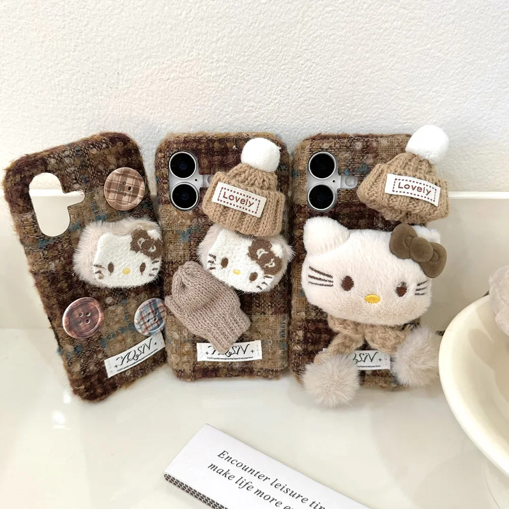 Cartoon 3D Winter Hat Plush Hello Kitty Three-dimensional Phone Case for IPhone 16 15 14 13 12 11 Pro Max Anti-fall Back Cover