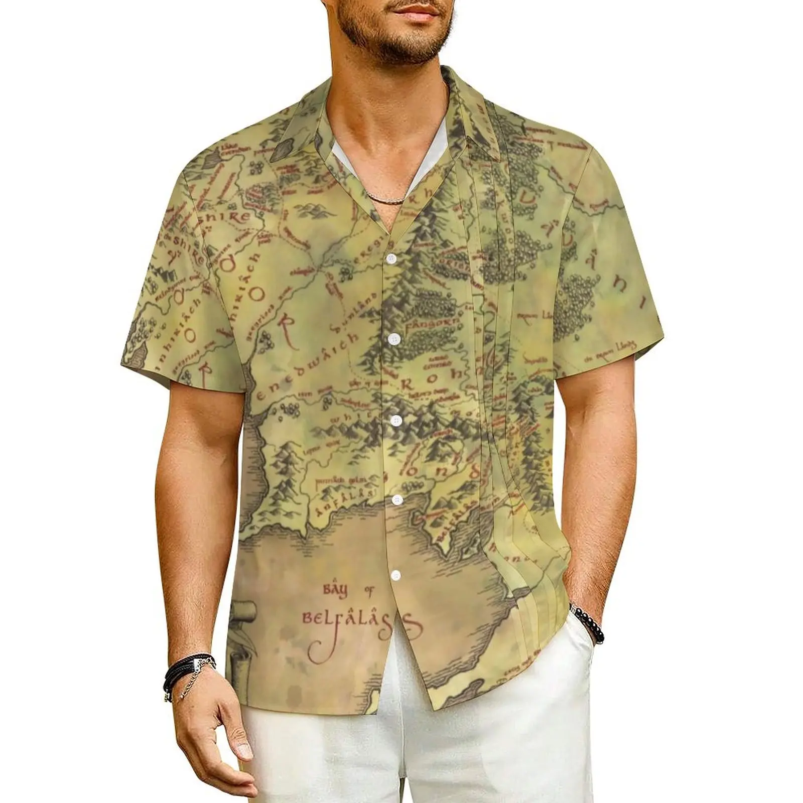 Hawaiian Shirt Vacation Middle Earth Map Blouses World Maps Print Loose Casual Shirts Man Short Sleeve Y2K Fashion Oversize Top