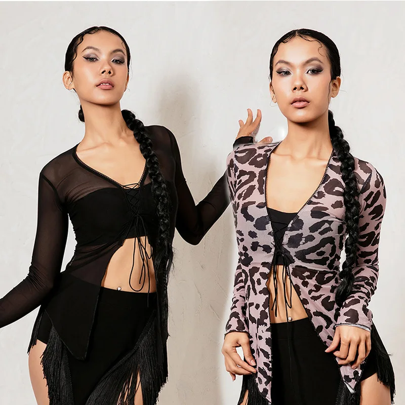 Latin Dance Costume Leopard Print Drawstring Cardigan Long Sleeved Top practice outfit Mesh Hood Shirt Chacha Dance DQL9525