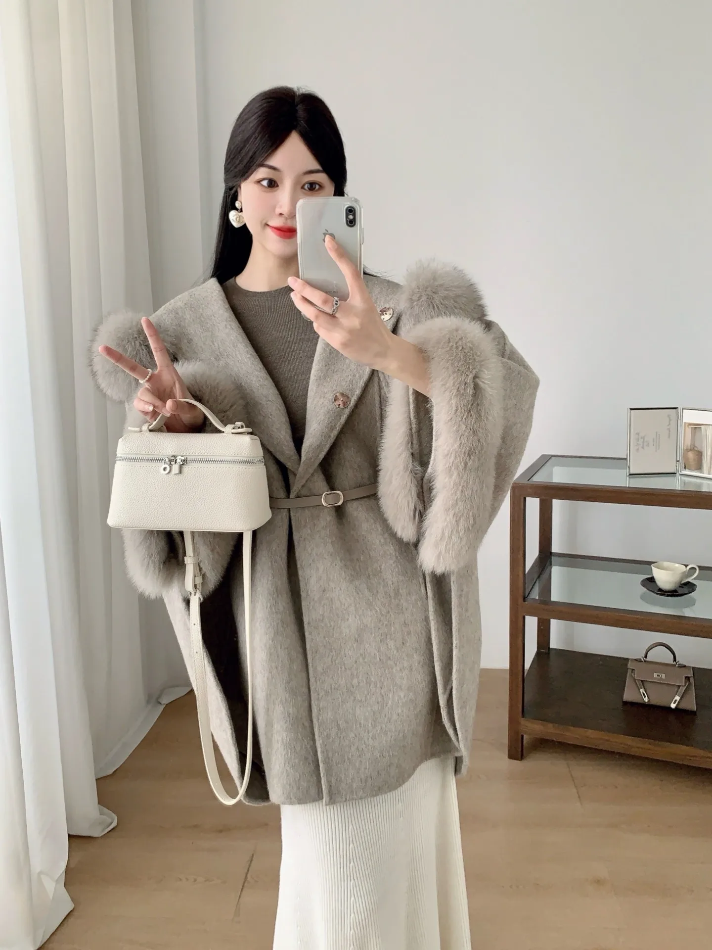 Light coffee color fur collar, high-end hooded cape, shawl overcoat, double-sided wool woolen coat