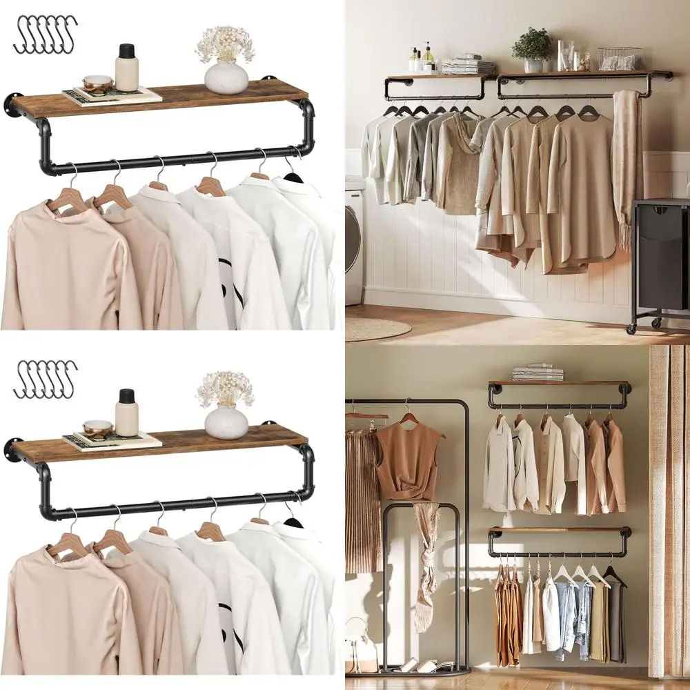 

Wall-Mounted 31.5 Heavy-Duty Garment Rack with Top Shelf, Industrial Style, Rustic Brown, Space-Saving Hanging Clothes Organizer