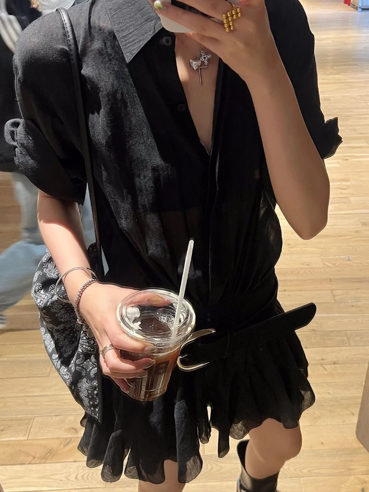 Abiti camicia vintage estivi Nuovo falso in due pezzi Harajuku Y2k Camicia a maniche corte Abito a pieghe Corea Chic Patchwork Abiti da donna