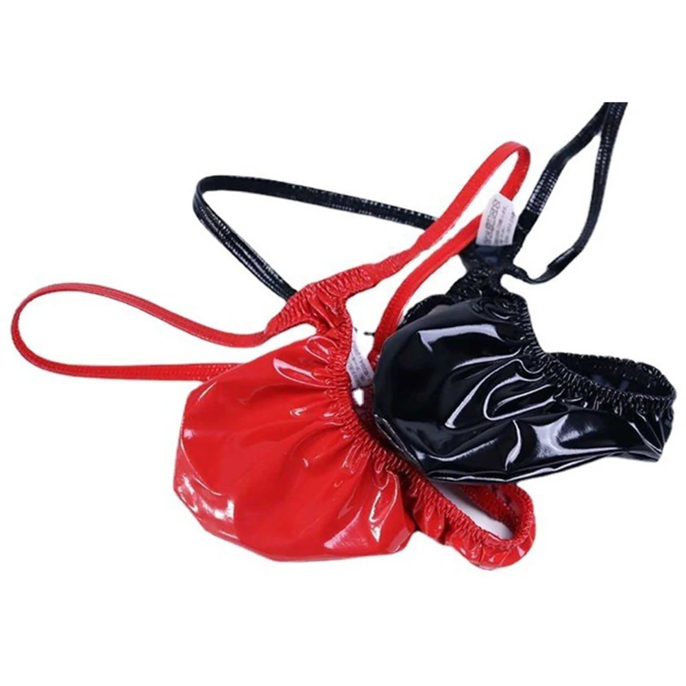 Men Shiny Thong Faux Leather Underwear Low-rise Pouch Bag Sleeve Sexy Thong T-back Panties Lingerie Мужские Стринги