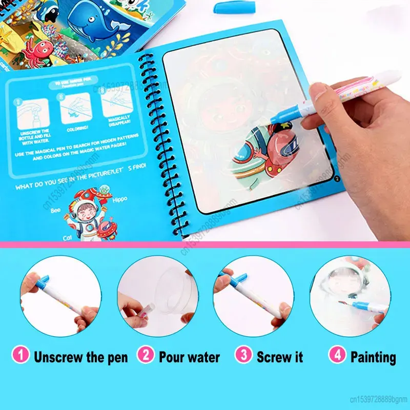 Cartoon Magic Water Painting Coloring Book With Pen Set Children Kid Education Teaching DIY Sketch Drawing Graffiti Comics Album