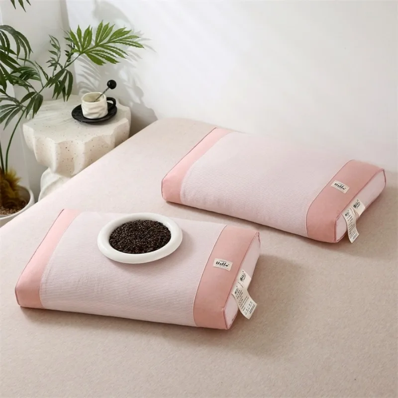 1PCS Simple Striped Palace Full Buckwheat Husk Pillow Protects Cervical Spine and Helps Sleep Pillow Core