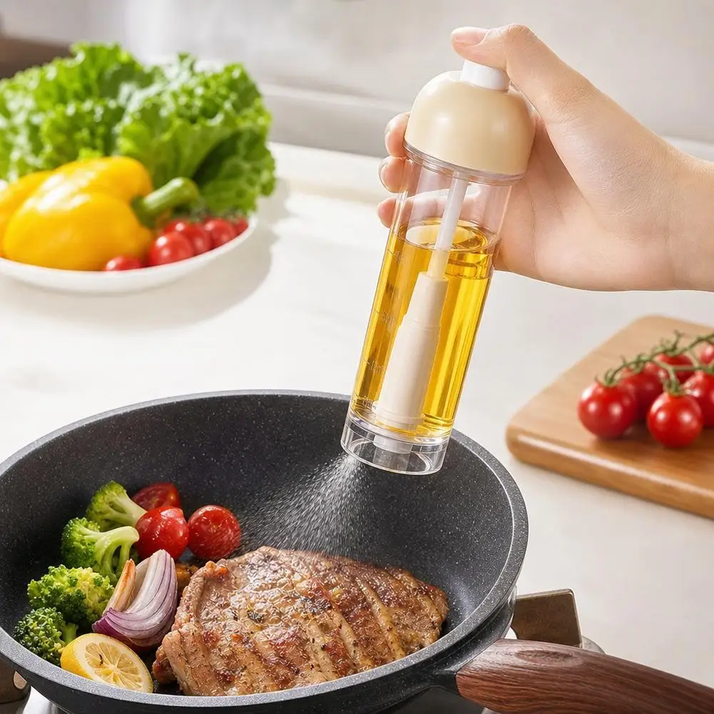 Press Type Down Spray Oil Sprayer, Transparent Measuring Cooking Oil Mister Bottle with Non‑Slip Base for Kitchen BBQ Air Fryer