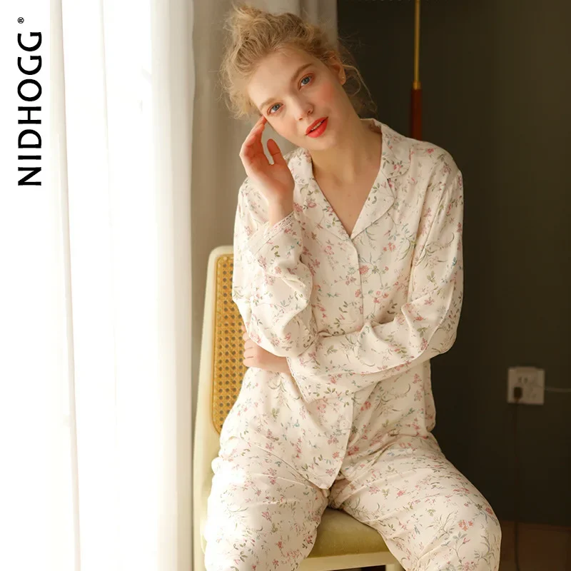 Conjunto feminino de pijama de cetim, manga comprida, pijama de viscose, estampa de folhas de salgueiro, lounge, 2 peças, pré-venda, 2024