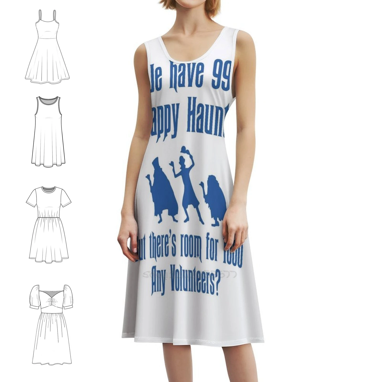 فستان بوهيمي بدون أكمام من Happy Haunts لعام 999، فستان متعدد الطباعة لحفلات العطلات على الشاطئ، قصر مسكون 999 Happy Haunts للسيدات #1