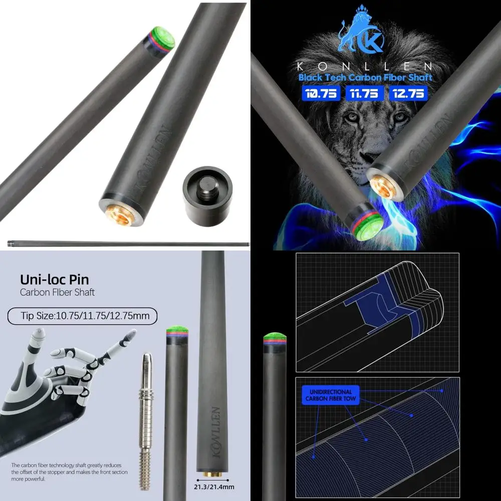 

Carbon Fiber Pool Cue Shaft for 3/8x8 with Uniloc Joints | Precision Control for Smooth Play (10.5/11.5/12.5mm Tips)