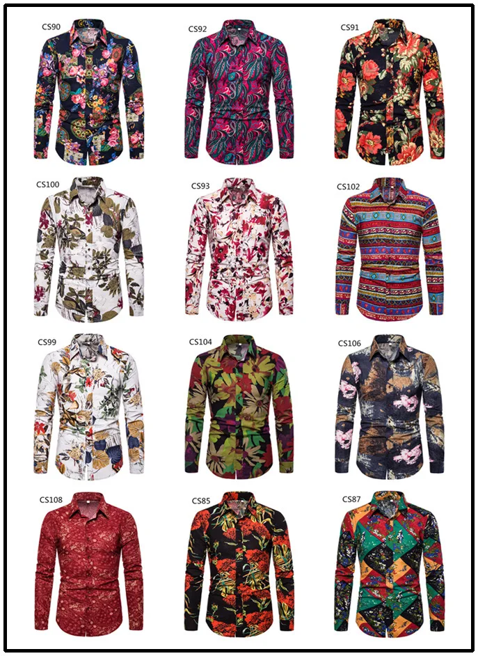 Four Seasons New Men\'s Casual Fashion Printing Large Size Long Sleeve Floral Shirt Cotton Linen Thin Section