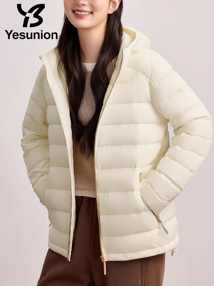 YESUNION Ultraleichte Daunenjacke für Damen, 90 % weiße Entendaunen, elegante, altersreduzierende, einfache, modische, warme Kapuzen-Pufferjacke, Unisex