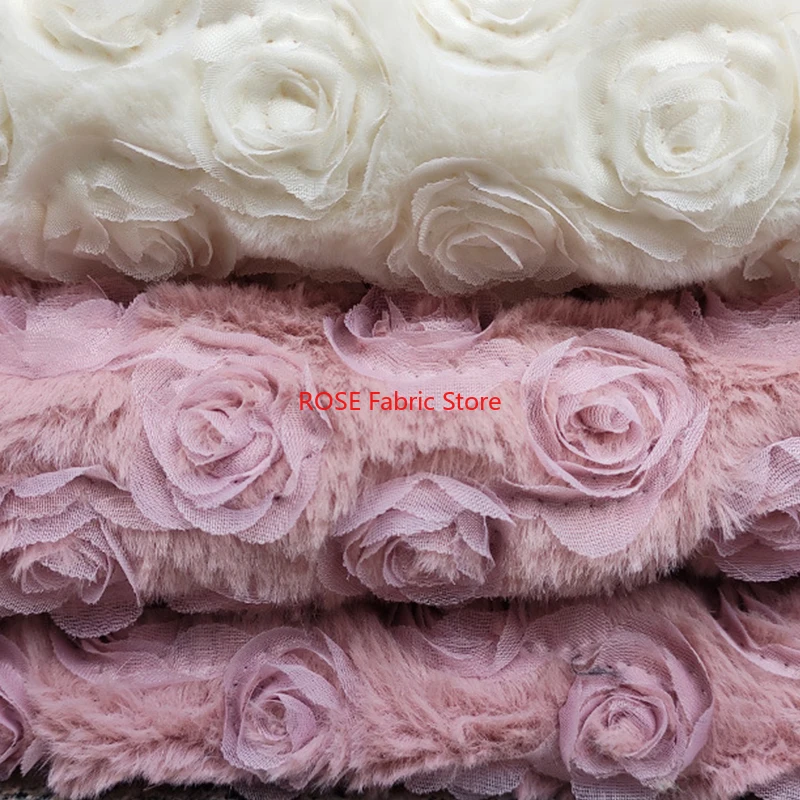 3D Plate Rose Flower Embroidered PV Velvet Rabbit Hair Fabric For Blankets, Sweaters, Bedding, Handmade DIY Sewing Fabric