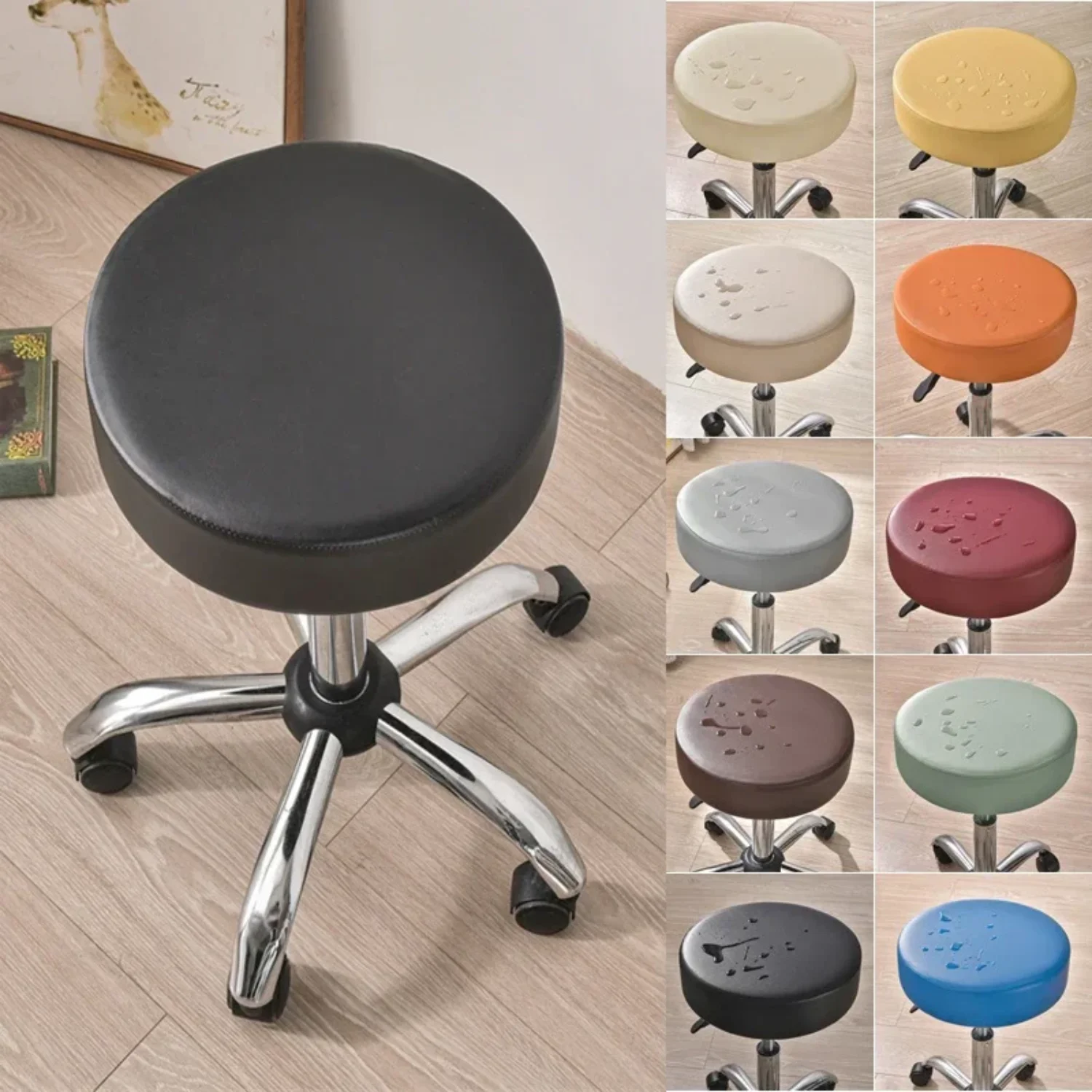 Stool Cover Waterproof PU Leather Round Chair Covers Removable Stools Slipcovers Barstool  Chair Seat Cushion Cover