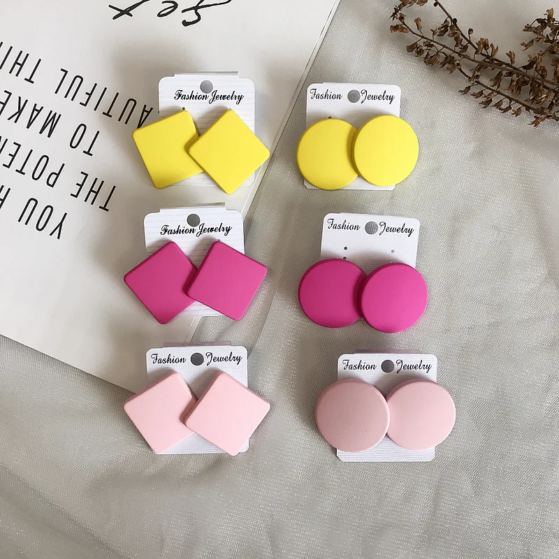 S925 Silver Color Square Earrings Frosted Paint Geometric Exaggeration Candy Color INS Korea Solid Color Acrylic Ring