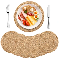 6Pcs Woven Placemats Set Round Hand Braided Placemats Heat Resistant Table Placemats Multipurpose Decorative Table Mats