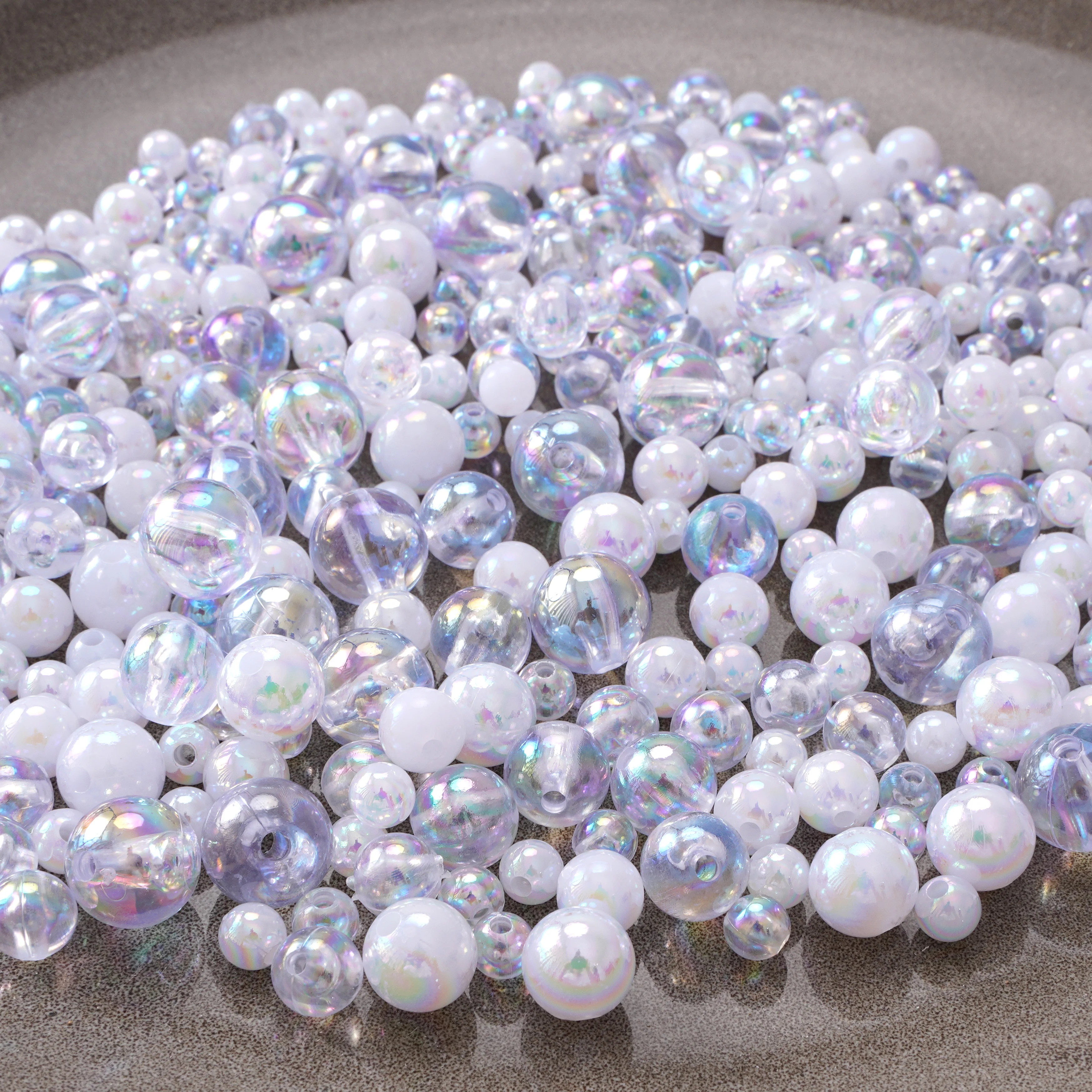Transparent/Solid Color Iridescent Round Beads 6-12mm White Acrylic Loose Beads DIY Phone Chain Pendant Bracelet Earring