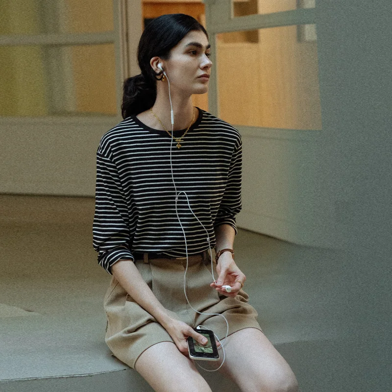 

Женская футболка с длинными рукавами в полоску, новинка 2026 года, весенне-осенний пуловер с круглым вырезом, стильный базовый топ для повседневной носки K